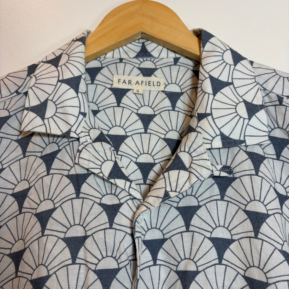 Far Afield Camp Collar Shirt Men Medium Geometric Fan Print Linen Blend Vacation